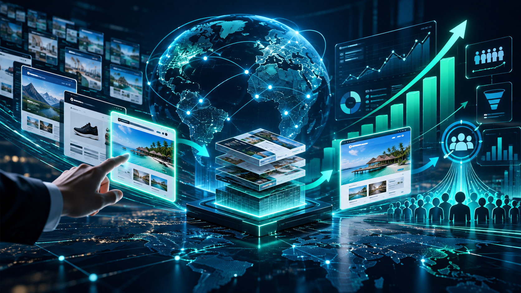 Digital property acquisitions and analysis visualised with website portfolios, global connections, performance charts and customer growth
